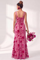 Load image into Gallery viewer, Fuchsia Mermaid Floral Ruched Square Neck Long Wedding Guest Dress