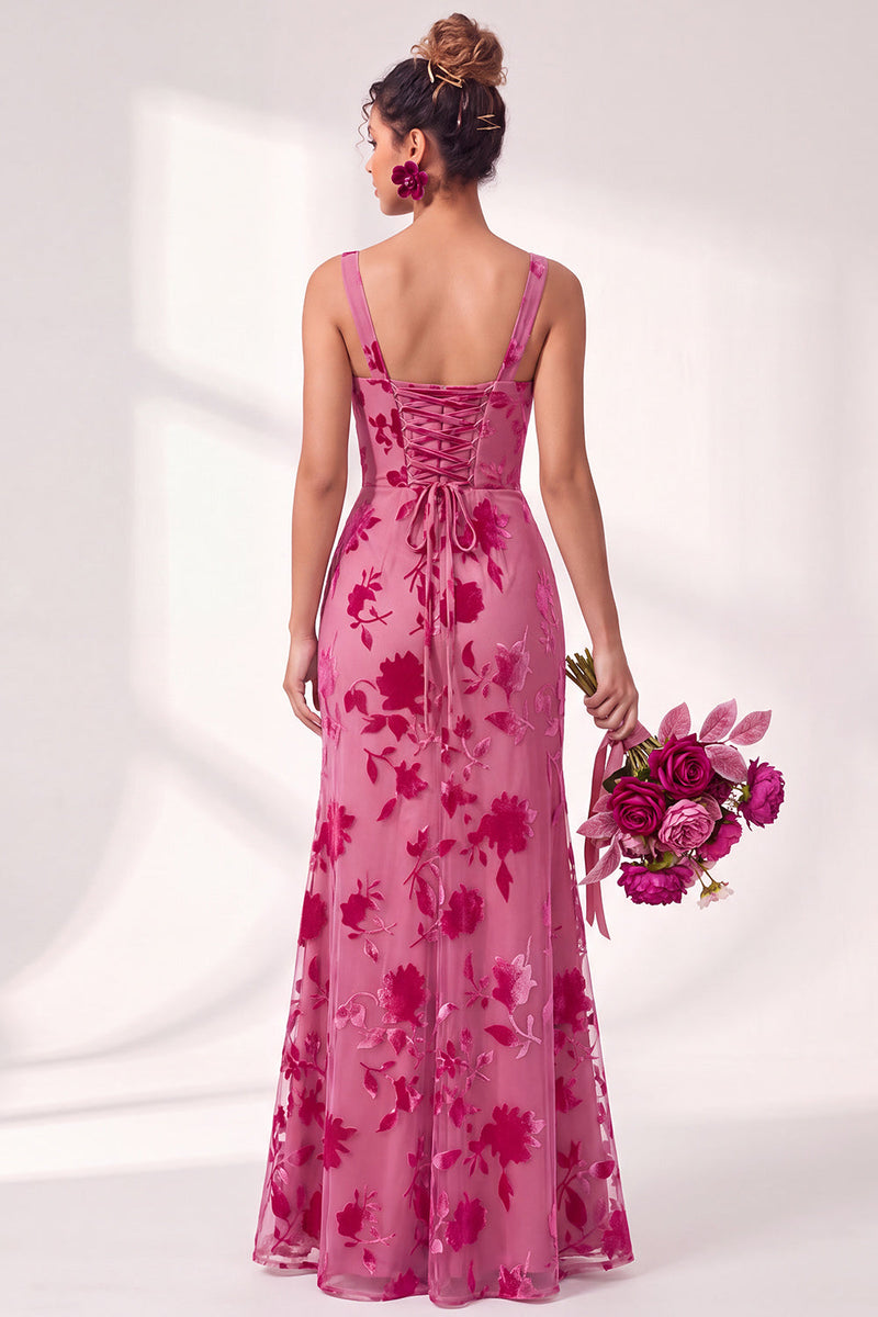 Load image into Gallery viewer, Fuchsia Mermaid Floral Ruched Square Neck Long Wedding Guest Dress