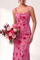 Load image into Gallery viewer, Fuchsia Mermaid Floral Ruched Square Neck Long Wedding Guest Dress