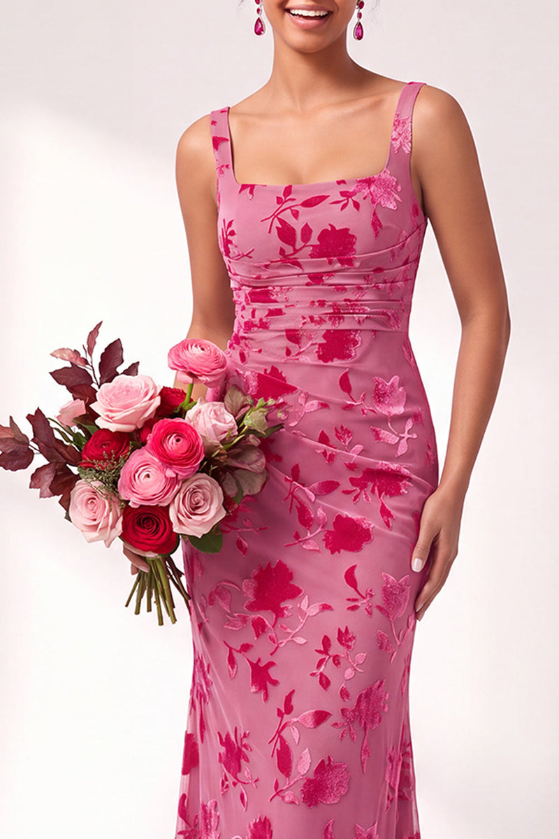 Load image into Gallery viewer, Fuchsia Mermaid Floral Ruched Square Neck Long Wedding Guest Dress