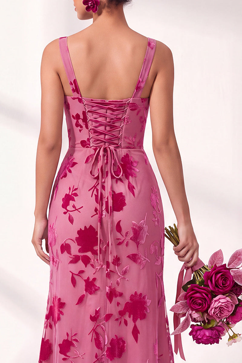 Load image into Gallery viewer, Fuchsia Mermaid Floral Ruched Square Neck Long Wedding Guest Dress