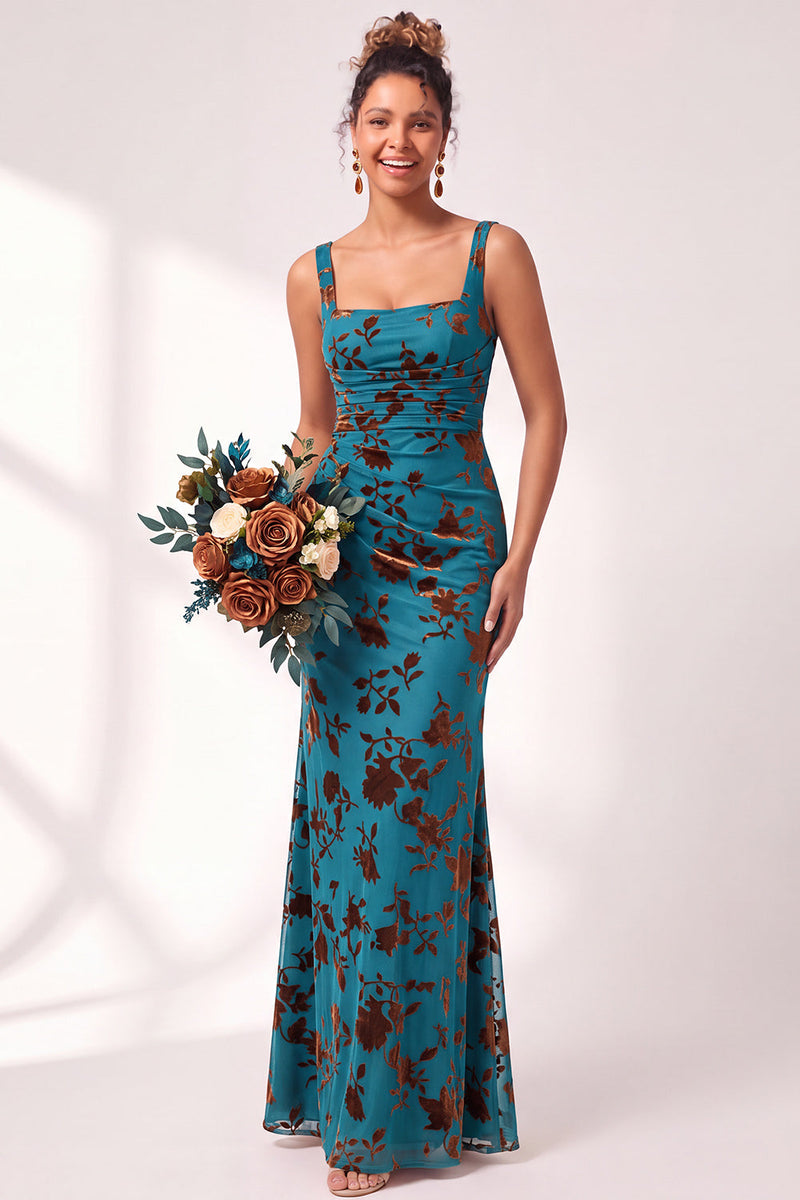 Load image into Gallery viewer, Fuchsia Mermaid Floral Ruched Square Neck Long Wedding Guest Dress