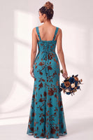 Load image into Gallery viewer, Fuchsia Mermaid Floral Ruched Square Neck Long Wedding Guest Dress