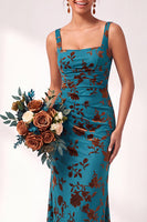 Load image into Gallery viewer, Fuchsia Mermaid Floral Ruched Square Neck Long Wedding Guest Dress