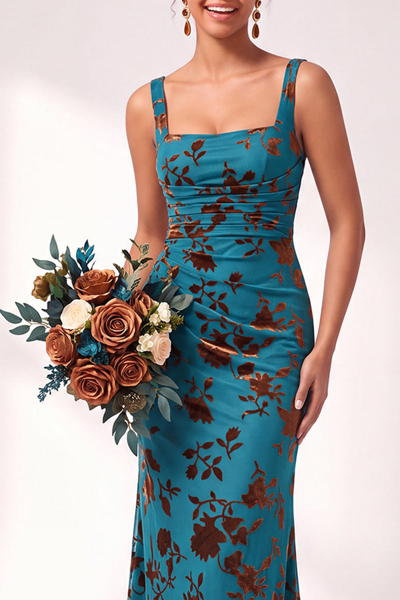 Load image into Gallery viewer, Fuchsia Mermaid Floral Ruched Square Neck Long Wedding Guest Dress