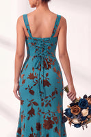 Load image into Gallery viewer, Fuchsia Mermaid Floral Ruched Square Neck Long Wedding Guest Dress