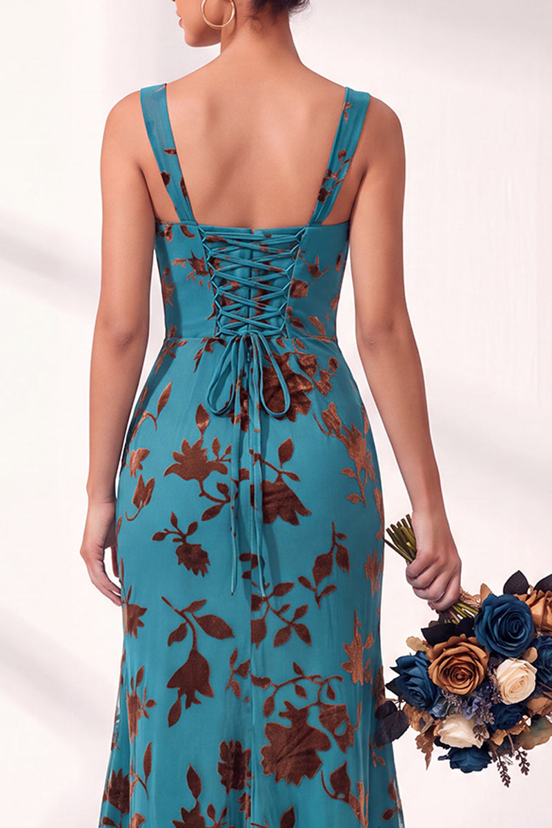 Load image into Gallery viewer, Fuchsia Mermaid Floral Ruched Square Neck Long Wedding Guest Dress