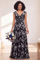Load image into Gallery viewer, Black Silver Floral V-Neck A-Line Long Wedding Guest Dress