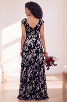 Load image into Gallery viewer, Black Silver Floral V-Neck A-Line Long Wedding Guest Dress