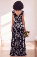 Load image into Gallery viewer, Black Silver Floral V-Neck A-Line Long Wedding Guest Dress
