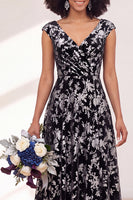 Load image into Gallery viewer, Black Silver Floral V-Neck A-Line Long Wedding Guest Dress