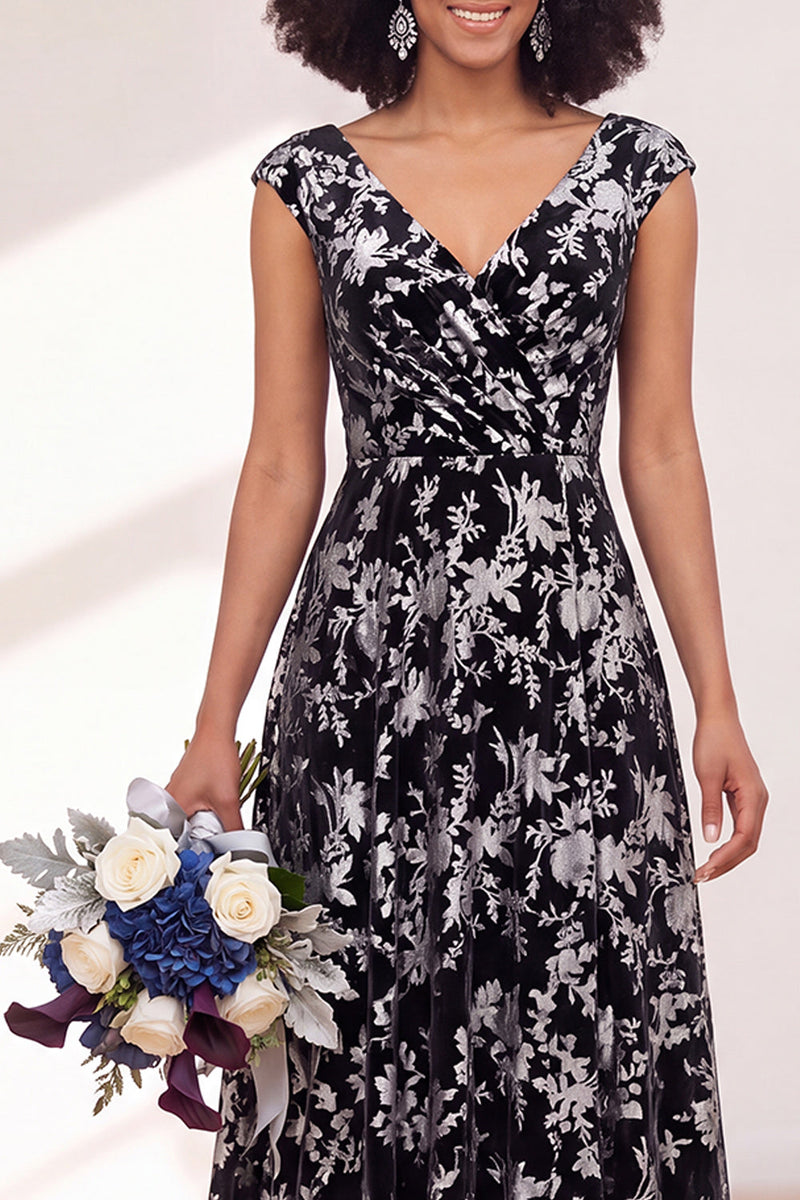 Load image into Gallery viewer, Black Silver Floral V-Neck A-Line Long Wedding Guest Dress