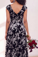 Load image into Gallery viewer, Black Silver Floral V-Neck A-Line Long Wedding Guest Dress