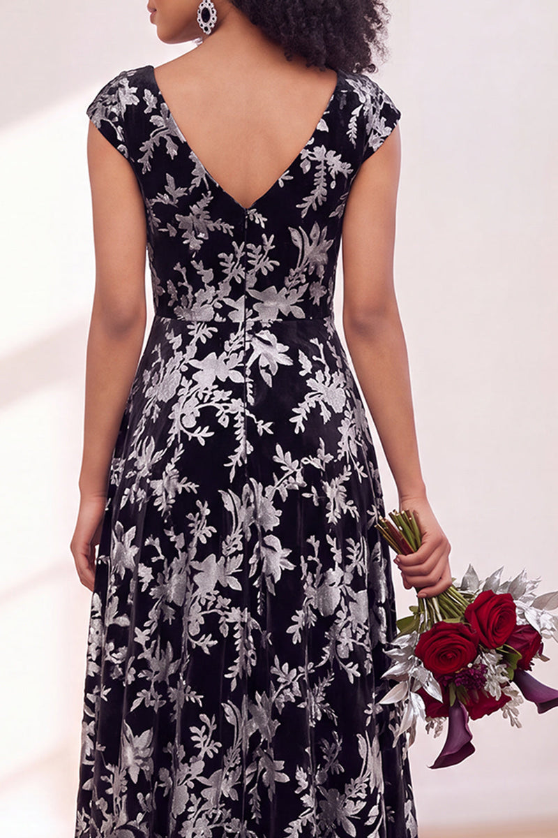 Load image into Gallery viewer, Black Silver Floral V-Neck A-Line Long Wedding Guest Dress