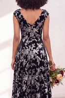 Load image into Gallery viewer, Black Silver Floral V-Neck A-Line Long Wedding Guest Dress