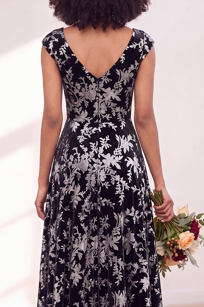 Load image into Gallery viewer, Black Silver Floral V-Neck A-Line Long Wedding Guest Dress