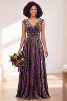 Load image into Gallery viewer, Black Silver Floral V-Neck A-Line Long Wedding Guest Dress