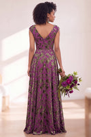 Load image into Gallery viewer, Black Silver Floral V-Neck A-Line Long Wedding Guest Dress