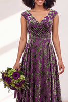 Load image into Gallery viewer, Black Silver Floral V-Neck A-Line Long Wedding Guest Dress