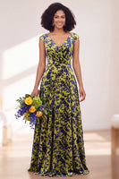 Load image into Gallery viewer, Black Silver Floral V-Neck A-Line Long Wedding Guest Dress
