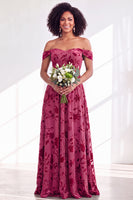 Load image into Gallery viewer, A-Line Floral Orange Off the Shoulder Velvet Long Wedding Guest Dress
