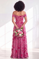 Load image into Gallery viewer, A-Line Floral Orange Off the Shoulder Velvet Long Wedding Guest Dress