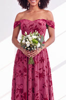 Load image into Gallery viewer, A-Line Floral Orange Off the Shoulder Velvet Long Wedding Guest Dress