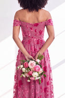 Load image into Gallery viewer, A-Line Floral Orange Off the Shoulder Velvet Long Wedding Guest Dress