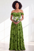 Load image into Gallery viewer, A-Line Floral Orange Off the Shoulder Velvet Long Wedding Guest Dress