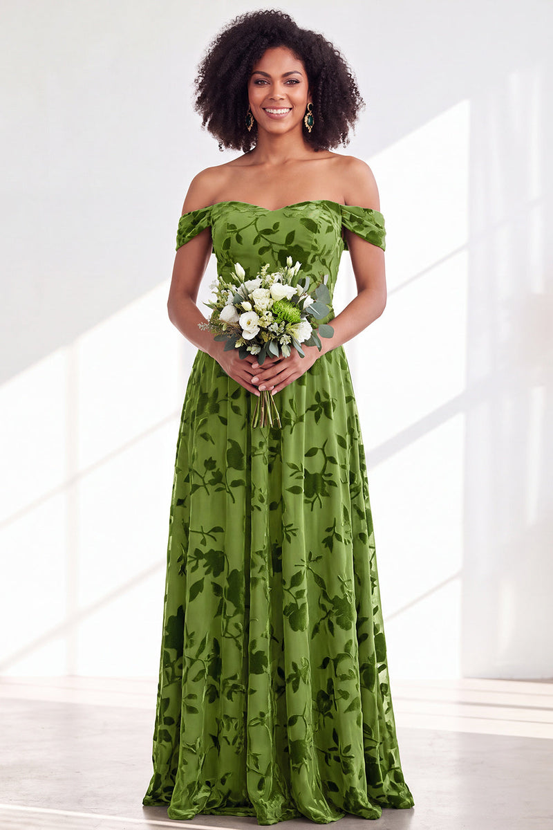 Load image into Gallery viewer, A-Line Floral Orange Off the Shoulder Velvet Long Wedding Guest Dress