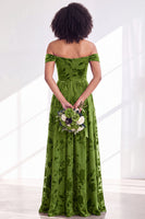 Load image into Gallery viewer, A-Line Floral Orange Off the Shoulder Velvet Long Wedding Guest Dress