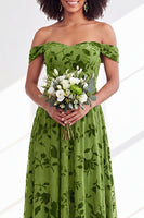 Load image into Gallery viewer, A-Line Floral Orange Off the Shoulder Velvet Long Wedding Guest Dress