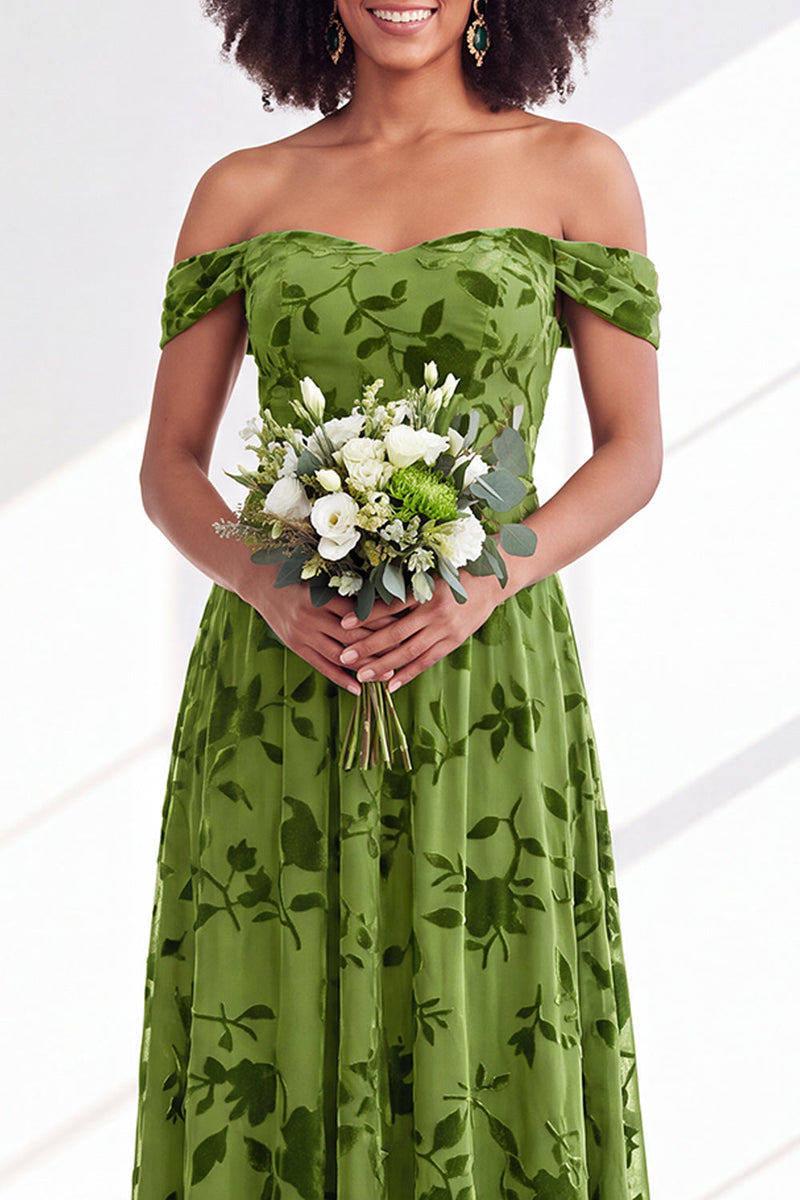 Load image into Gallery viewer, A-Line Floral Orange Off the Shoulder Velvet Long Wedding Guest Dress