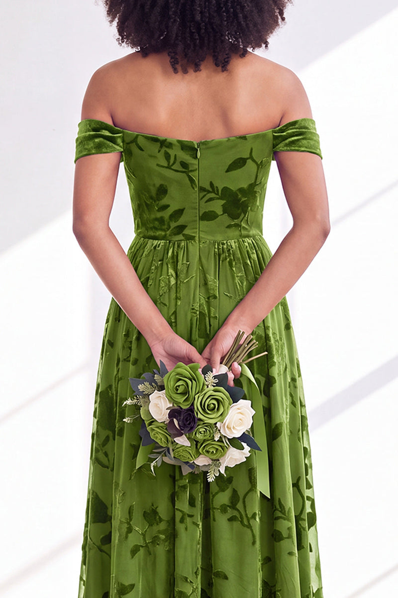 Load image into Gallery viewer, A-Line Floral Orange Off the Shoulder Velvet Long Wedding Guest Dress