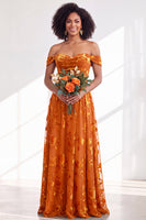 Load image into Gallery viewer, A-Line Floral Orange Off the Shoulder Velvet Long Wedding Guest Dress