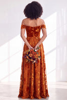 Load image into Gallery viewer, A-Line Floral Orange Off the Shoulder Velvet Long Wedding Guest Dress