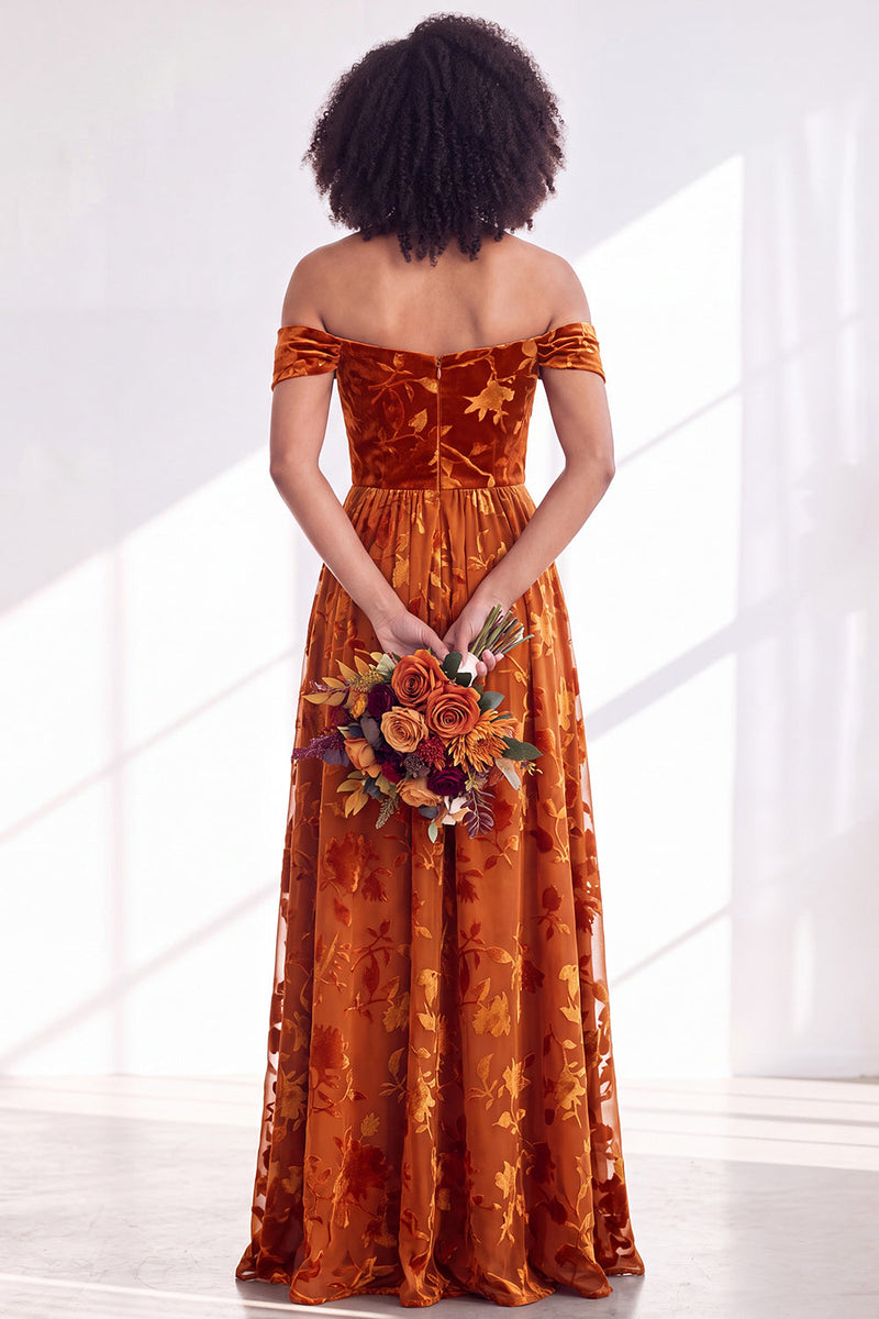 Load image into Gallery viewer, A-Line Floral Orange Off the Shoulder Velvet Long Wedding Guest Dress