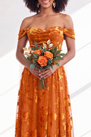 Load image into Gallery viewer, A-Line Floral Orange Off the Shoulder Velvet Long Wedding Guest Dress