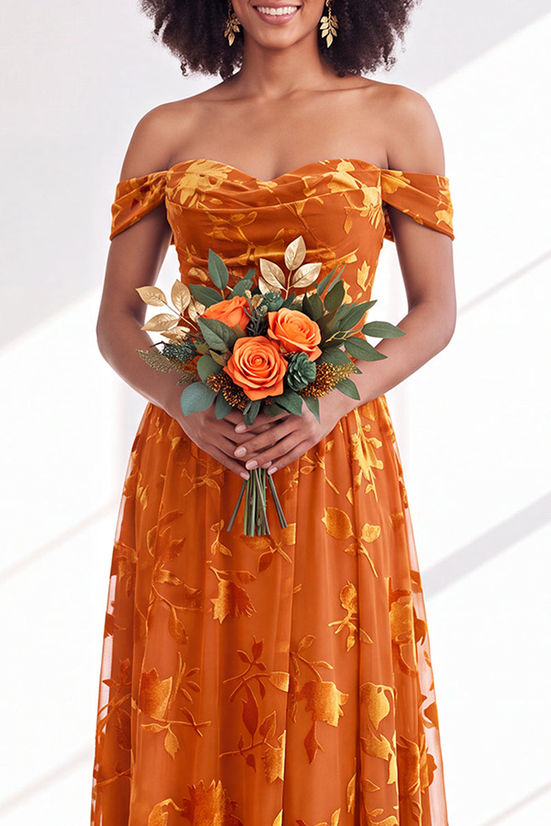 Load image into Gallery viewer, A-Line Floral Orange Off the Shoulder Velvet Long Wedding Guest Dress