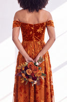 Load image into Gallery viewer, A-Line Floral Orange Off the Shoulder Velvet Long Wedding Guest Dress