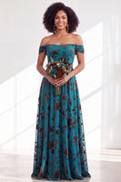 Load image into Gallery viewer, A-Line Floral Orange Off the Shoulder Velvet Long Wedding Guest Dress