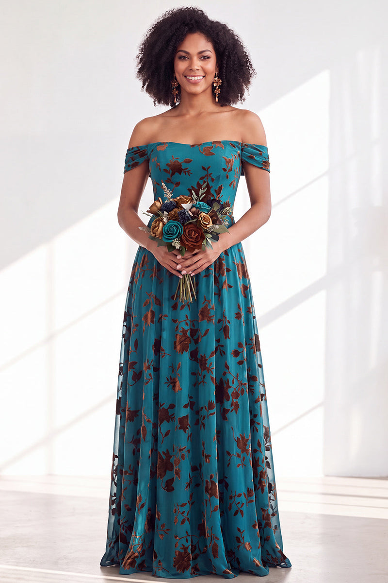 Load image into Gallery viewer, A-Line Floral Orange Off the Shoulder Velvet Long Wedding Guest Dress