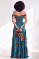 Load image into Gallery viewer, A-Line Floral Orange Off the Shoulder Velvet Long Wedding Guest Dress