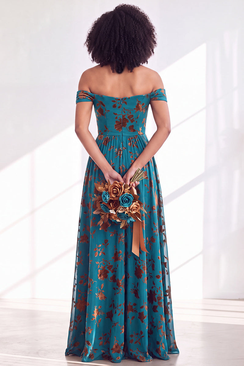 Load image into Gallery viewer, A-Line Floral Orange Off the Shoulder Velvet Long Wedding Guest Dress