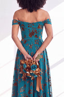 Load image into Gallery viewer, A-Line Floral Orange Off the Shoulder Velvet Long Wedding Guest Dress