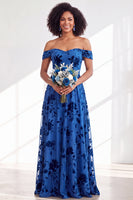 Load image into Gallery viewer, A-Line Floral Orange Off the Shoulder Velvet Long Wedding Guest Dress