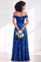 Load image into Gallery viewer, A-Line Floral Orange Off the Shoulder Velvet Long Wedding Guest Dress