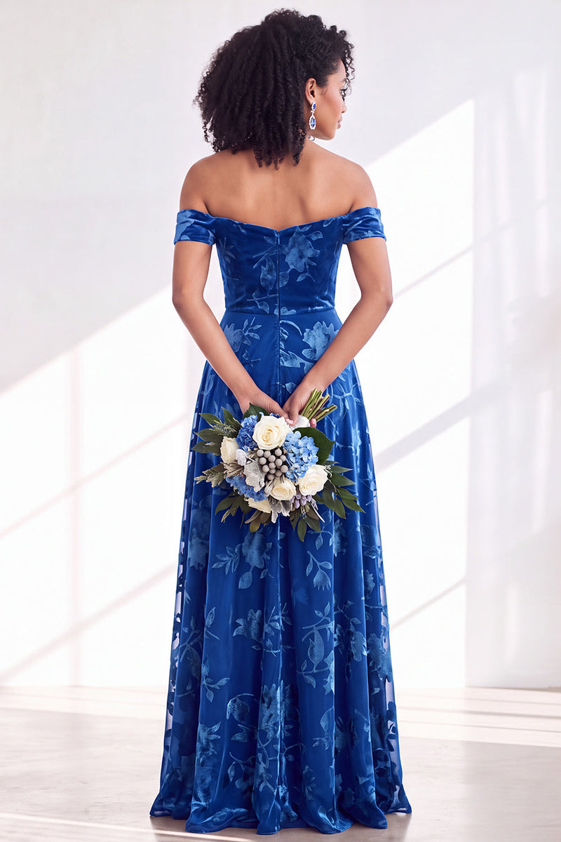 Load image into Gallery viewer, A-Line Floral Orange Off the Shoulder Velvet Long Wedding Guest Dress