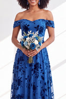 Load image into Gallery viewer, A-Line Floral Orange Off the Shoulder Velvet Long Wedding Guest Dress
