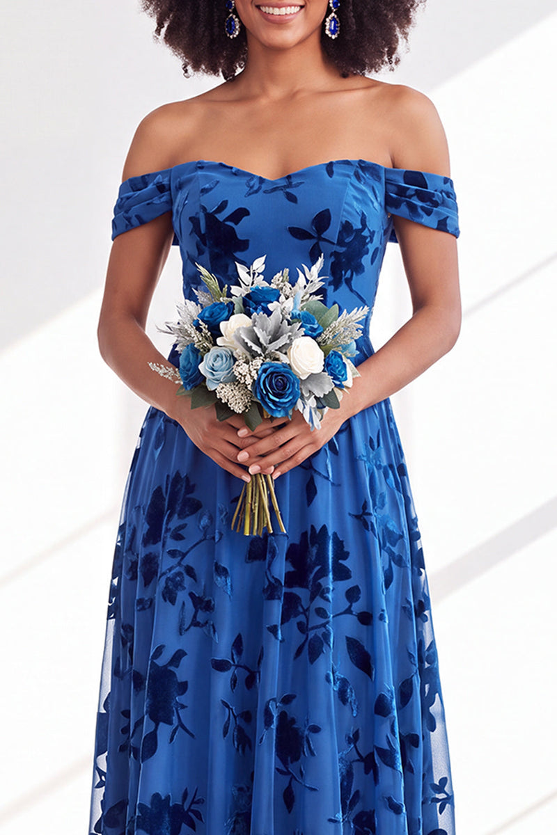 Load image into Gallery viewer, A-Line Floral Orange Off the Shoulder Velvet Long Wedding Guest Dress